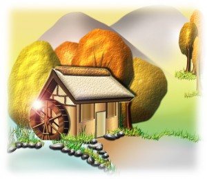 秋の水車小屋の風景イラスト
