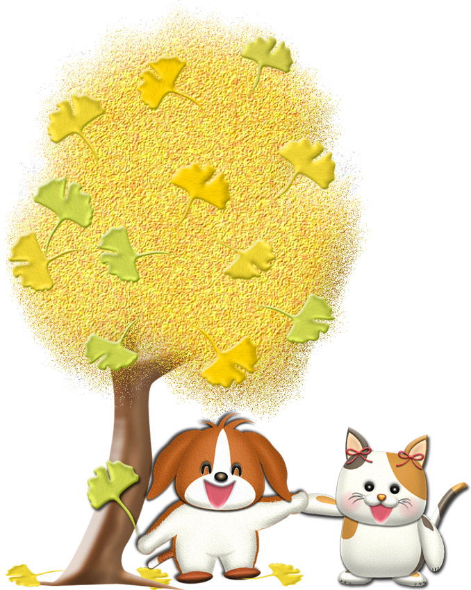 銀杏の木と犬猫キャラの可愛いイラスト