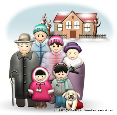 冬の３世代家族（背景付き）イラスト