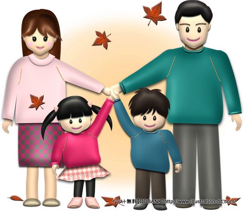 秋の４人家族（紅葉）のイラスト