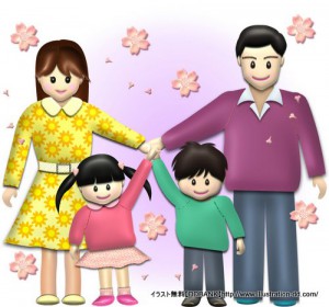 春の４人家族（桜）イラスト