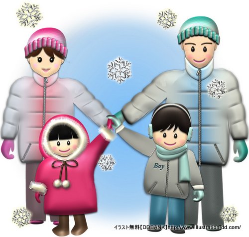 冬の４人家族（雪）イラスト