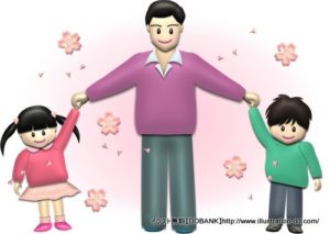 春の父と子供（桜）のイラスト