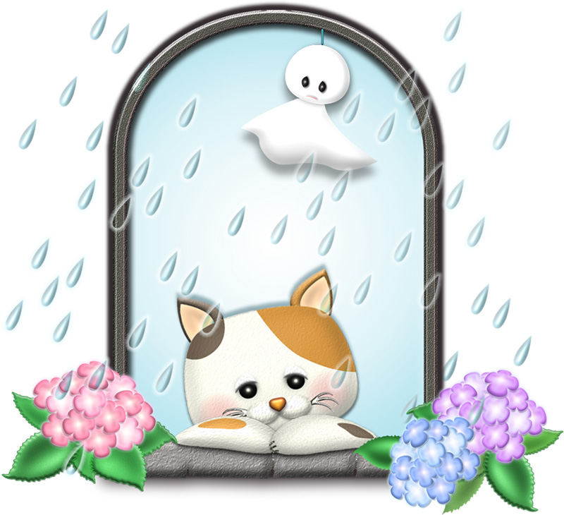 梅雨の猫とテルテル坊主のイラスト