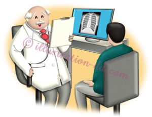 診察室で男性患者に医師が笑顔で説明するイラスト
