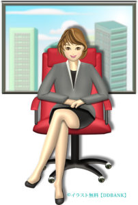 ミニスカでオフィスの椅子に座るキャリアウーマンのイラスト