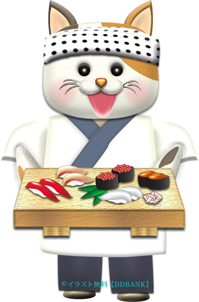 可愛い三毛猫のお寿司屋さんのイラスト