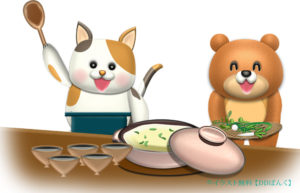 猫とクマが七草粥を作るイラスト