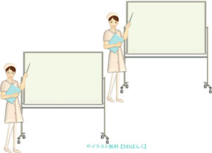 大きな移動式ホワイトボードを指示棒で指す看護師（看護婦さん）のイラスト