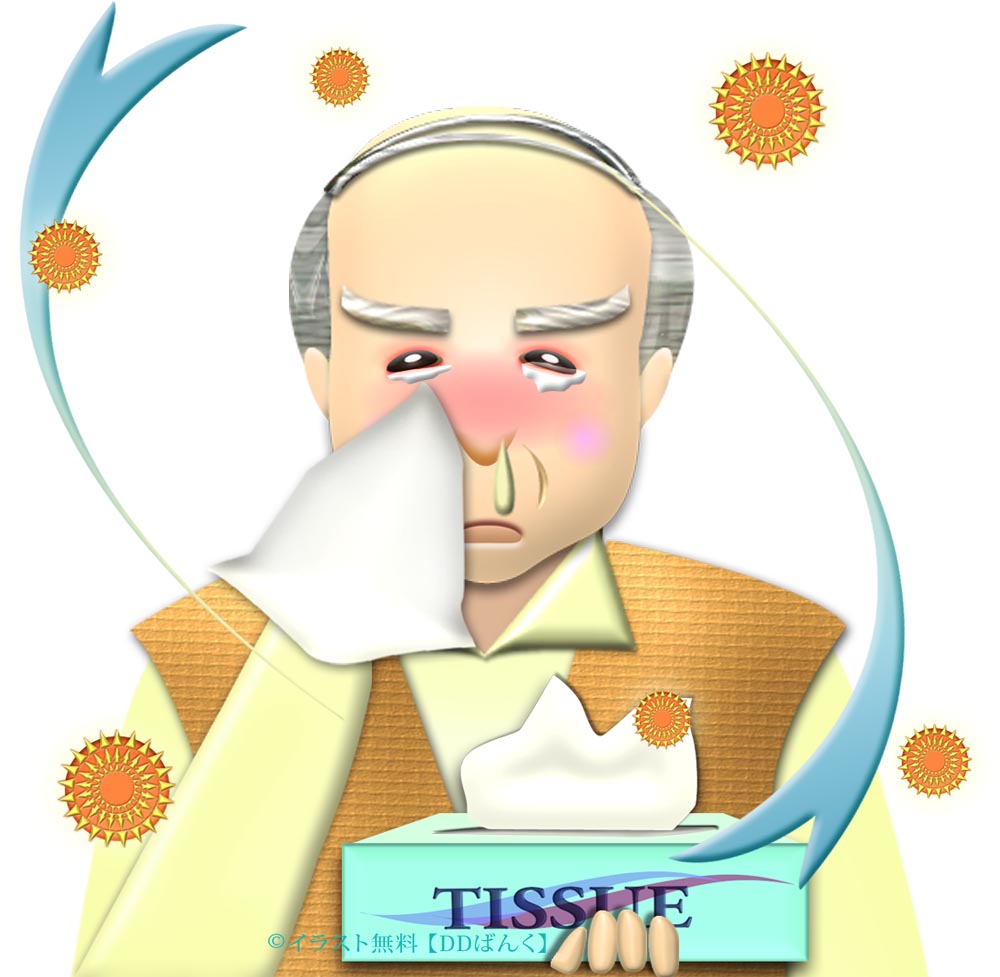 花粉症でティッシュの箱を手放せない、鼻水と赤パンダ目のおじいさんのイラスト