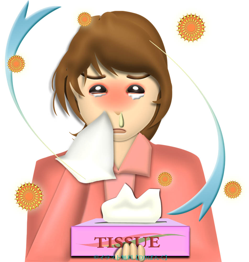 花粉症でティッシュの箱を手放せない、鼻水＆パンダ目の女性のイラスト
