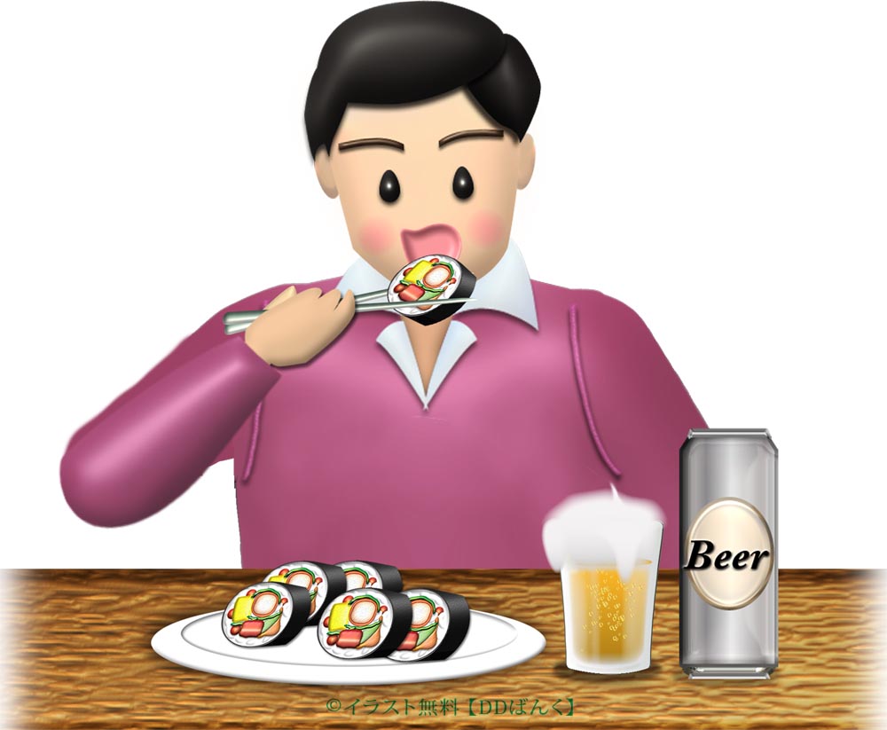 恵方巻（太巻き寿司）を輪切りにして食べる男性のイラスト