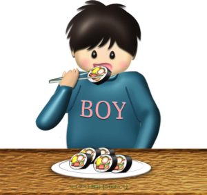 恵方巻を輪切りにして食べる男の子のイラスト