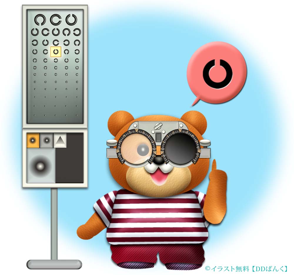 検眼枠（試験枠・トライアルフレーム）のレンズで視力検査するクマのイラスト
