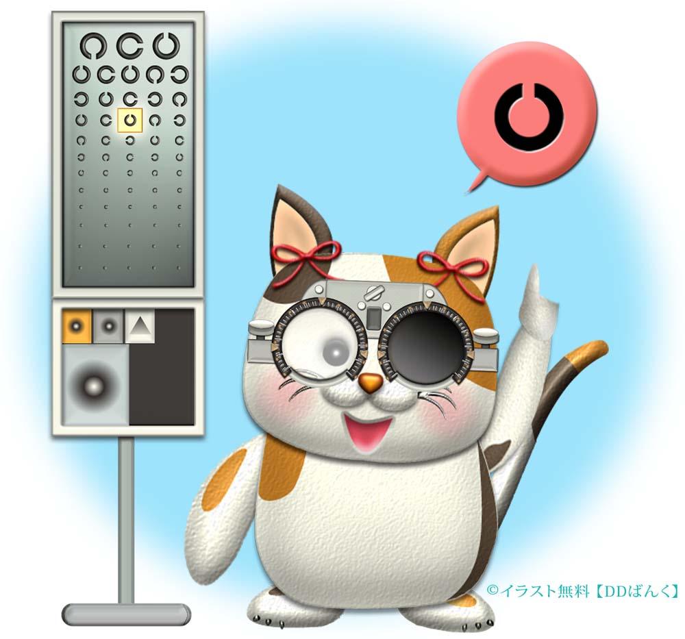 検眼枠（試験枠・トライアルフレーム）のレンズで視力検査する猫のイラスト