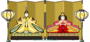 ひな祭り／金屏風とぼんぼり付き親王飾り（お内裏様とお雛様）のイラスト