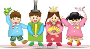幼稚園（保育園）でひな祭りの出し物｜お雛様の扮装する園児たちのイラスト