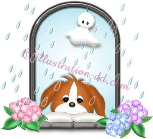 梅雨のテルテル坊主と犬のイラスト
