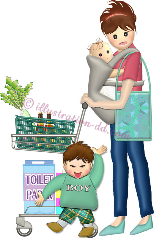赤ちゃんを抱いてショッピングカートを押す子連れママのイラスト