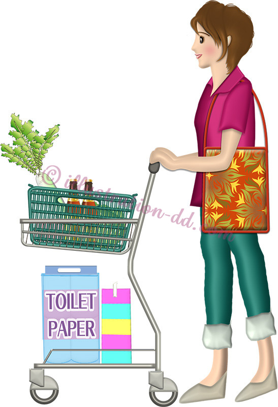 ショッピングカートを押して買い物する女性のイラスト