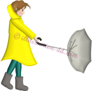 裏返った傘とレインコートの女性のイラスト