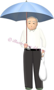 傘をさしてレジ袋を持つお爺さんのイラスト