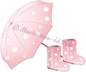 開いたピンクの傘と長靴のイラスト