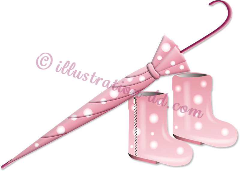 閉じたピンクの傘と長靴のイラスト