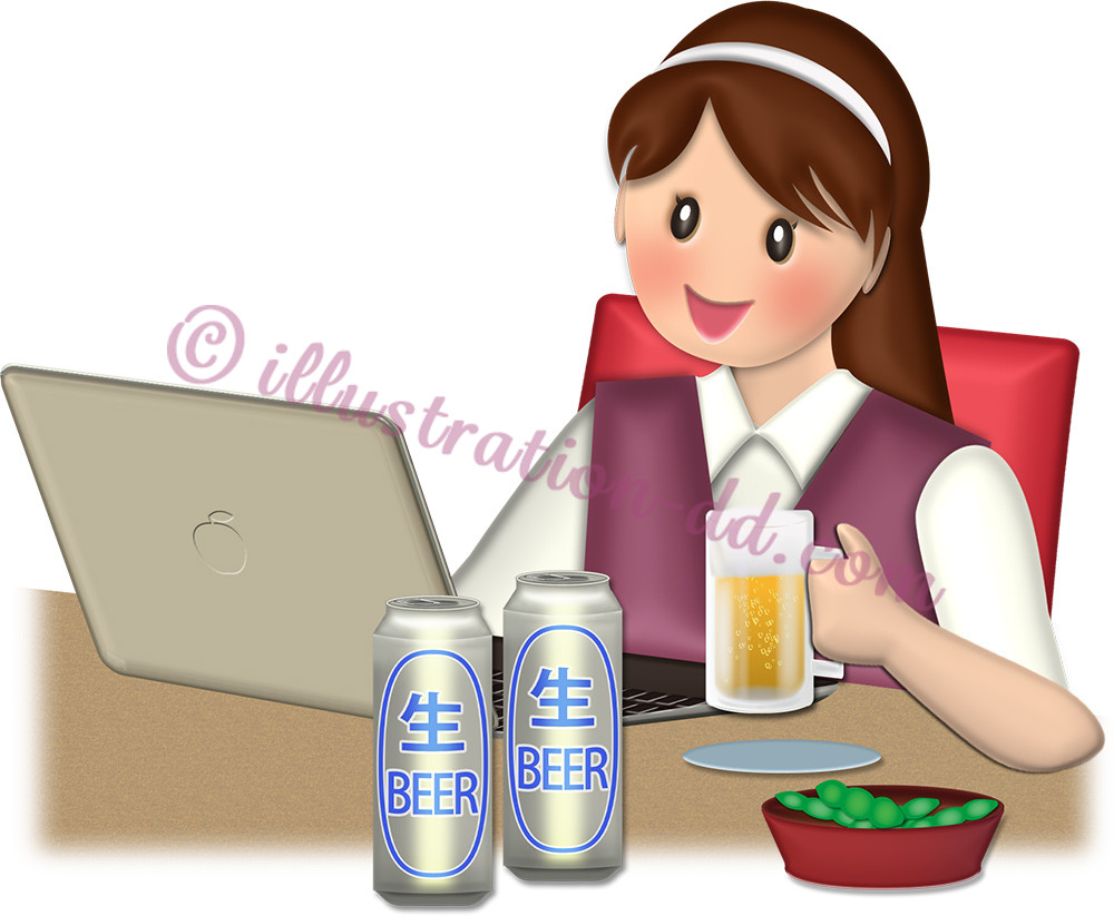 ビールでオンライン飲み会する女性のイラスト