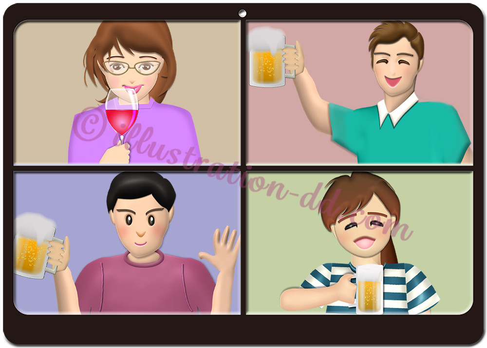 オンライン飲み会の分割画面のイラスト