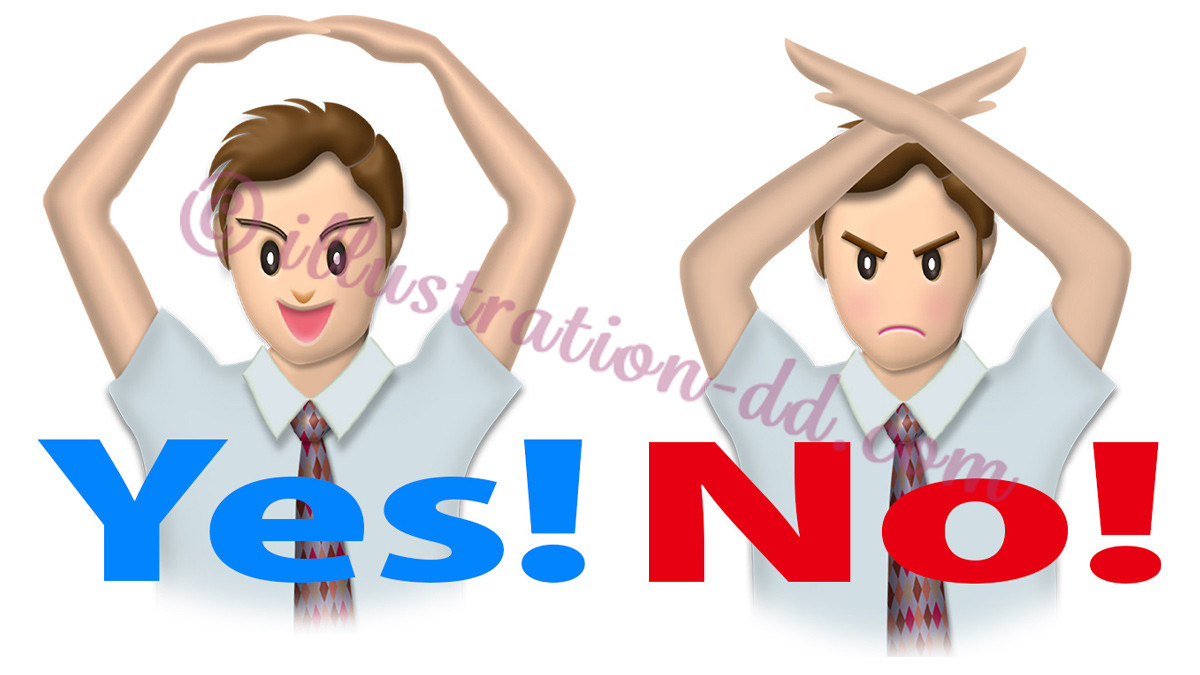 「YES!」「NO!」を意思表示するサラリーマンのイラスト