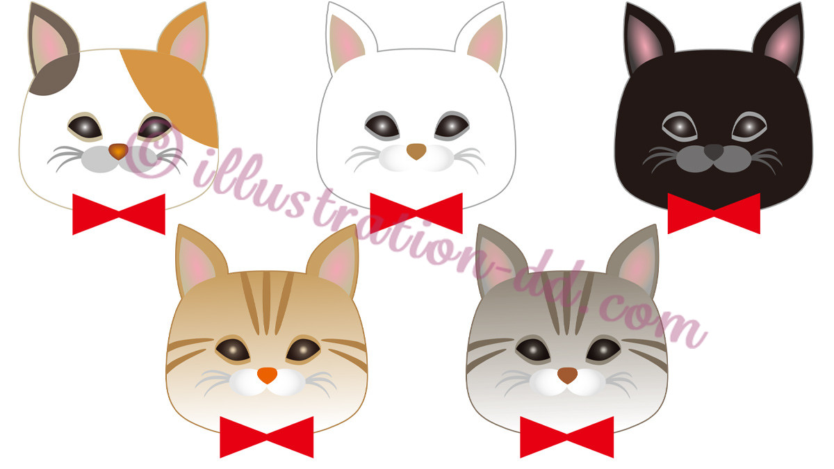 猫の顔リボン付きアイコン５種のイラスト