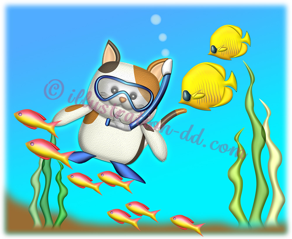 海でダイビングする猫のイラスト