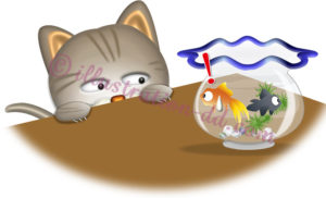 金魚を狙う猫のイラスト