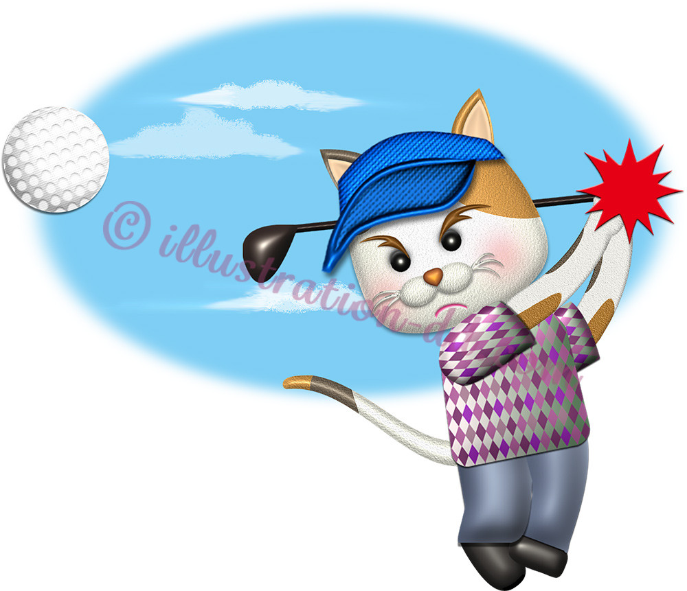 猫ゴルファーがティーショットを打つイラスト