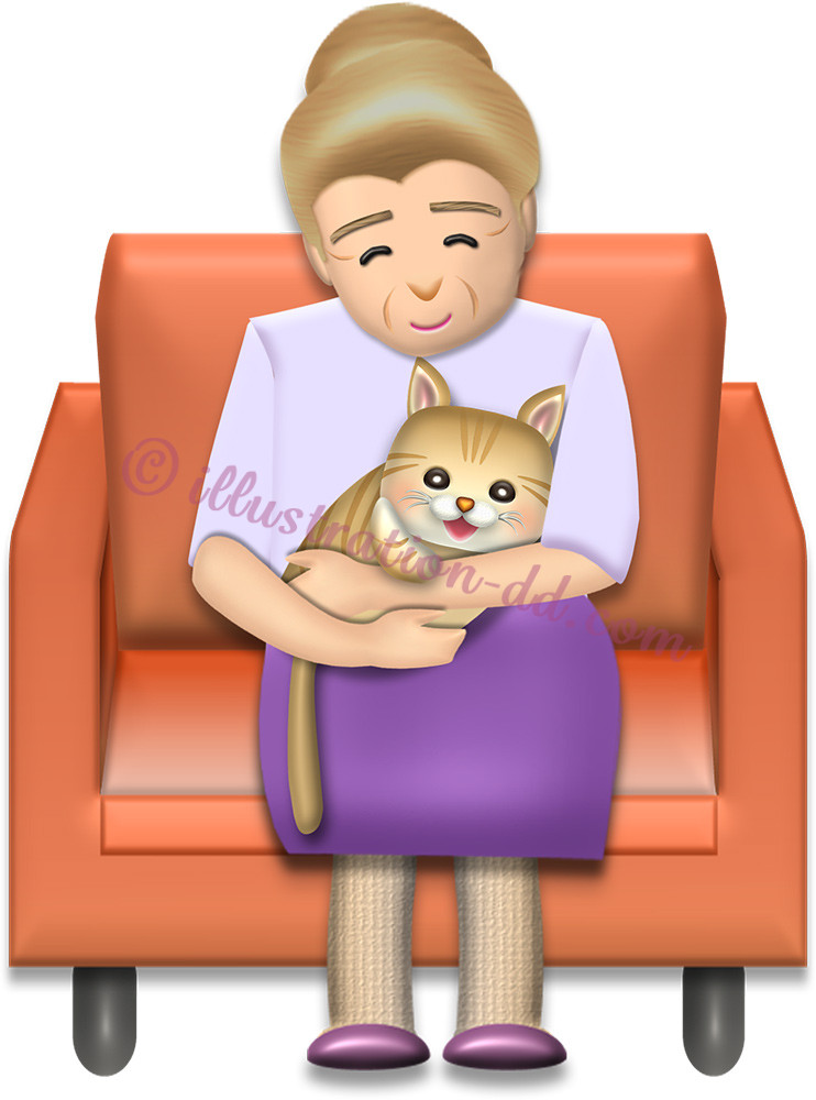 猫を抱くお婆さんのイラスト