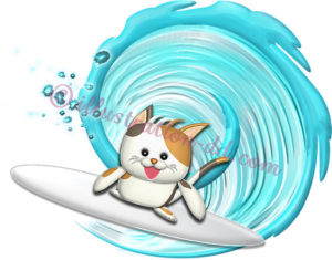 サーフィンする三毛猫のイラスト