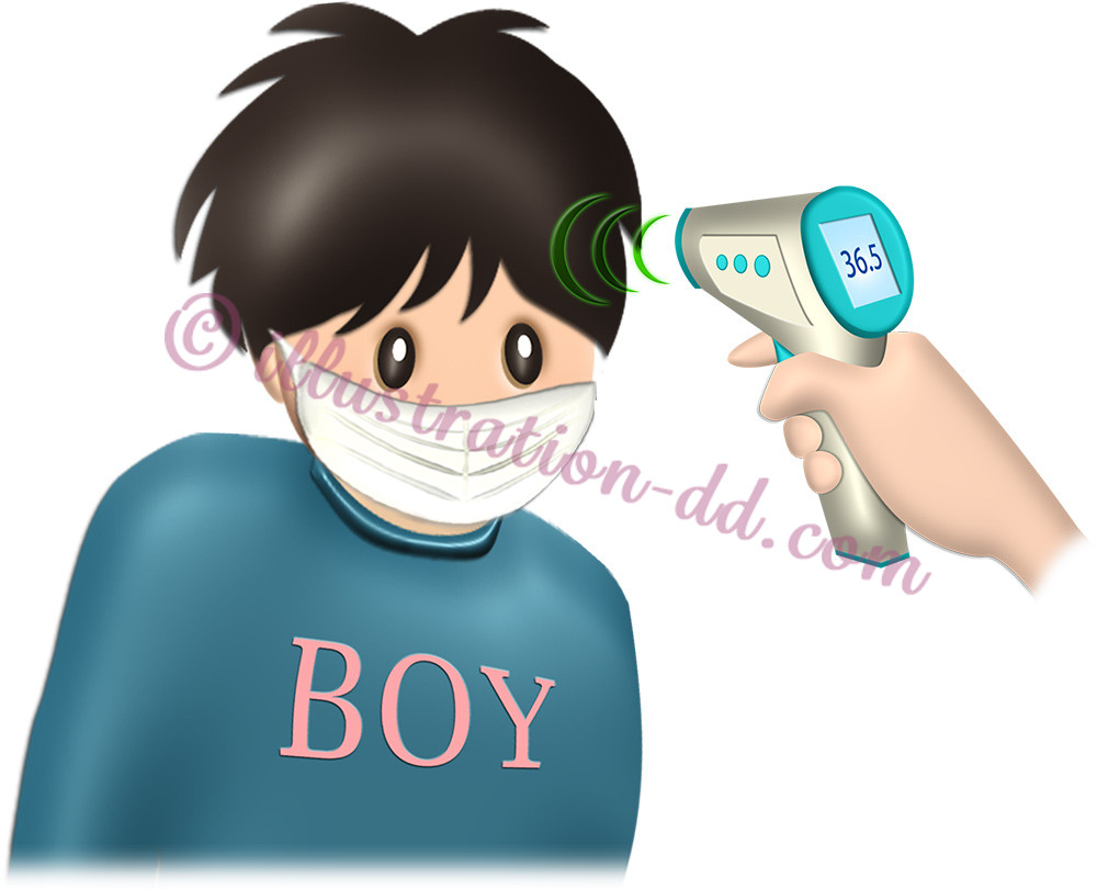 非接触式体温計で検温される男の子のイラスト