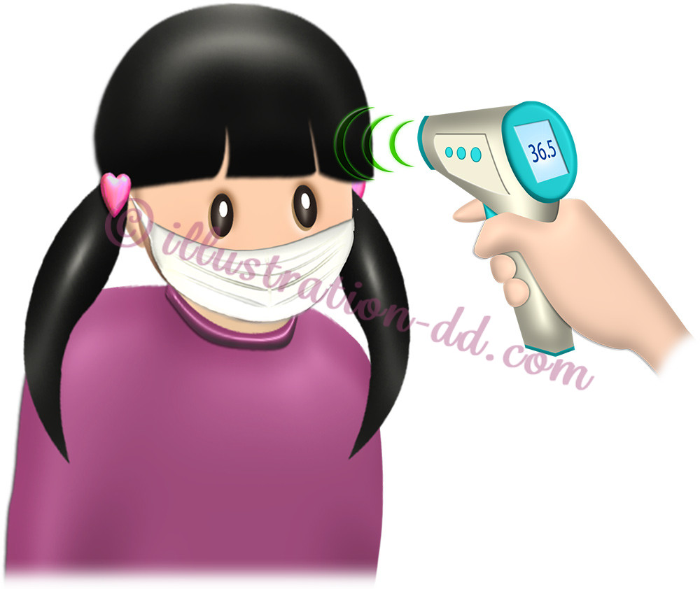 非接触式体温計で検温される女の子のイラスト