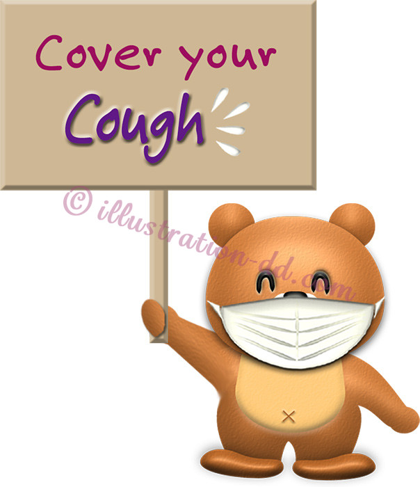 「Cover your Cough」ボードを持つクマのイラスト