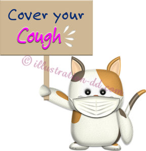 「Cover your Cough」プラカードを持つ猫のイラスト