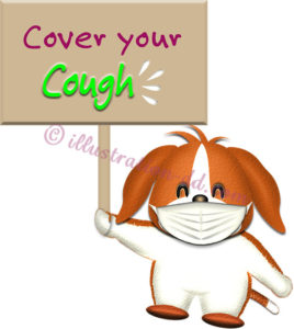 「Cover your Cough」プラカードを持つ犬のイラスト