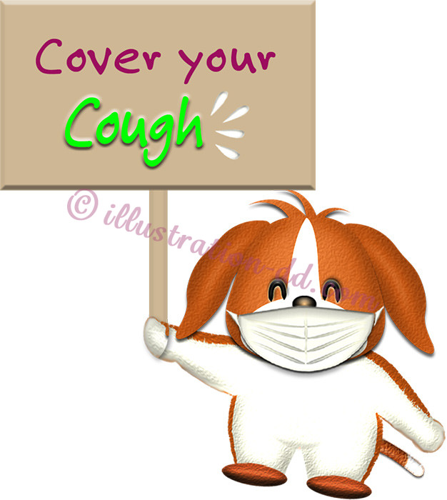 「Cover your Cough」ボードを持つ犬のイラスト