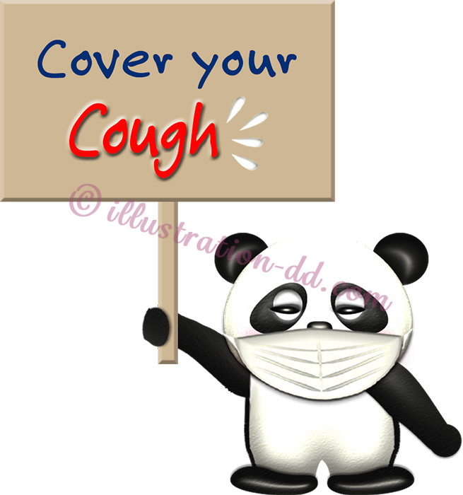 「Cover your Cough」ボードを持つパンダのイラスト