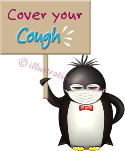「Cover your Cough」プラカードを持つペンギンのイラスト