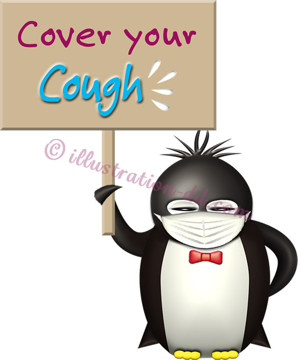 「Cover your Cough」ボードを持つペンギンのイラスト