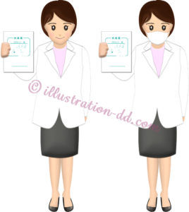 薬の袋を持つ女性薬剤師（マスク有・無）のイラスト