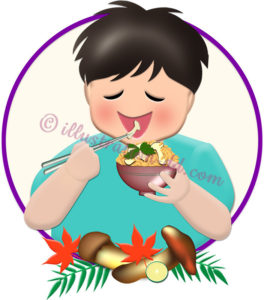 松茸ご飯を食べる男の子のイラスト