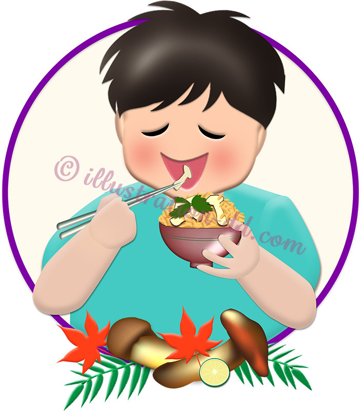 松茸ご飯を食べる男の子のイラスト