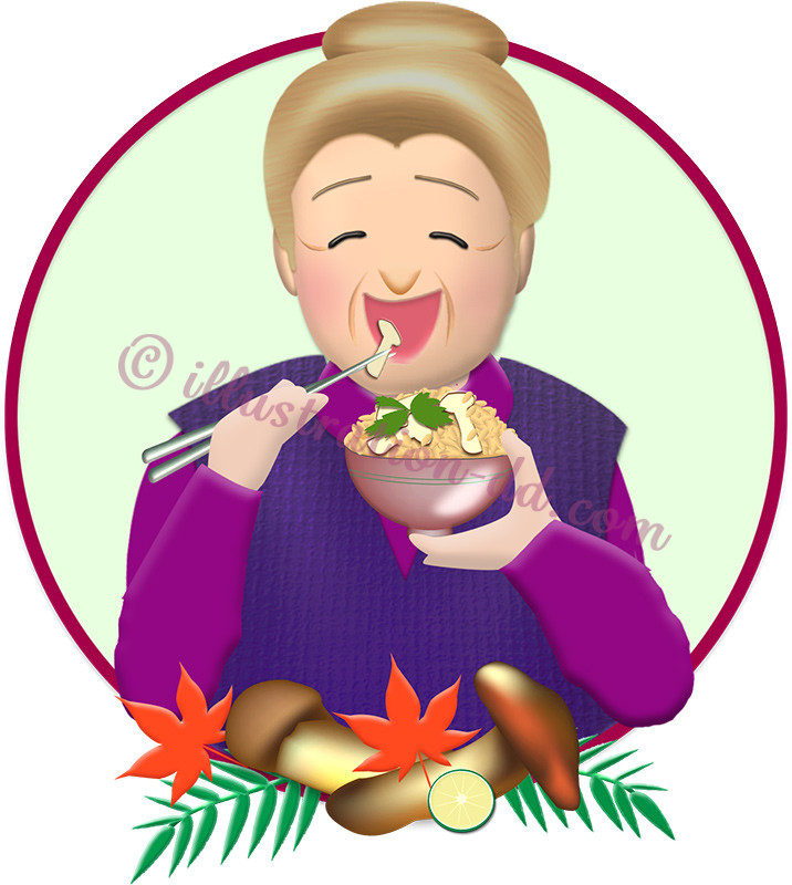 松茸ご飯を食べるお婆さんのイラスト